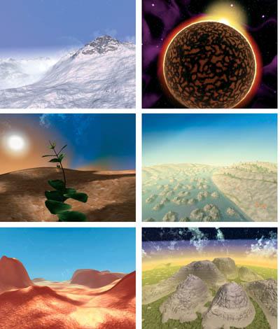 A variety of screen shots from the 3Dlabs RealWorldz demo. Everything in this demo is generated procedurally using shaders written in the OpenGL Shading Language.