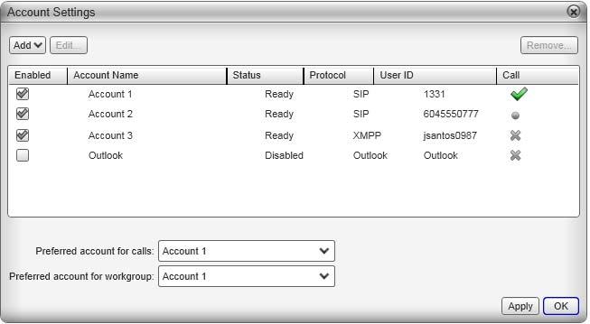 7 Configuring Bria 7.1 Configuring Accounts Accounts Settings Window To work with accounts, choose Softphone > Account Settings from the menu.