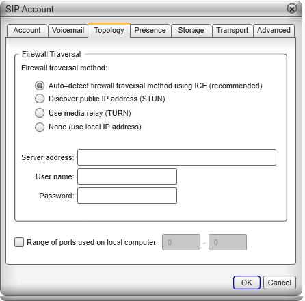 CounterPath Corporation SIP Account Properties Topology Field Firewall traversal mode Table 4: SIP Account Properties Topology Description Choose the setting recommended by your VoIP service