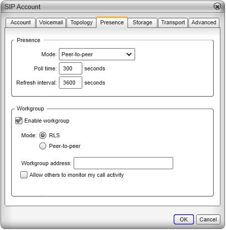 Bria 3 for Windows User Guide Retail Deployments SIP Account Properties Presence This tab lets you configure presence and workgroups.
