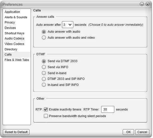 CounterPath Corporation Preferences Calls Table 12: Preferences Calls Field Description Calls DTMF These settings let you configure how you want auto answer to handle incoming calls, when Auto Answer