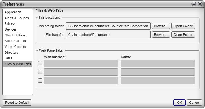 Bria 3 for Windows User Guide Retail Deployments Preferences Files & Web Tabs Table 13: Preferences Files & Web Tabs Field Recording folder File transfer folder Web Page Tabs Description The folder