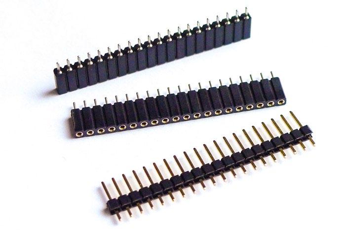 It is recommended to use the pins on the main pcb (facing down, soldered from above) and the pin sockets on the component pcb (standing up, soldered from the front panel side).