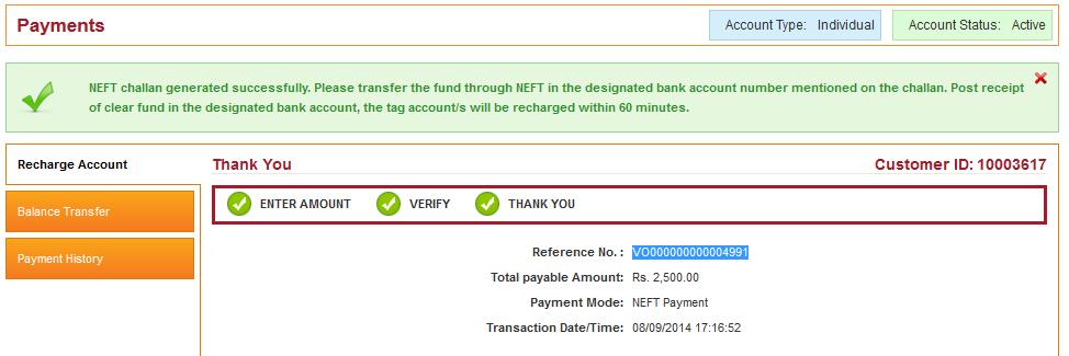 If the NEFT request is successfully initiated, a success message will be displayed as shown below and Generate Challan page is opened simultaneously in a new Tab or a new Window of browser