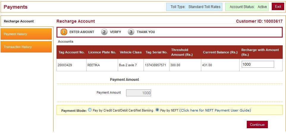 Select Pay by NEFT option and click on Continue button Customer will be redirected to