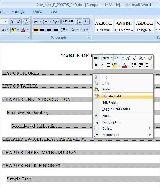 Chapter and Major Heading Bookmarks First, update your TABLE OF CONTENTS again, to ensure that all of your most recent work is included in the document.