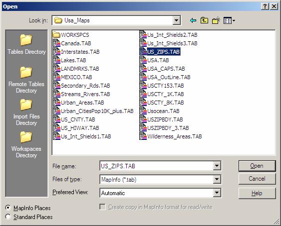 Navigate to File to Open and point to the file folder program files\mapinfo\ \data\map_data\namerica\usa\usamaps and choose US_ZIPS. Press Open. Navigate to Table to Geocode.