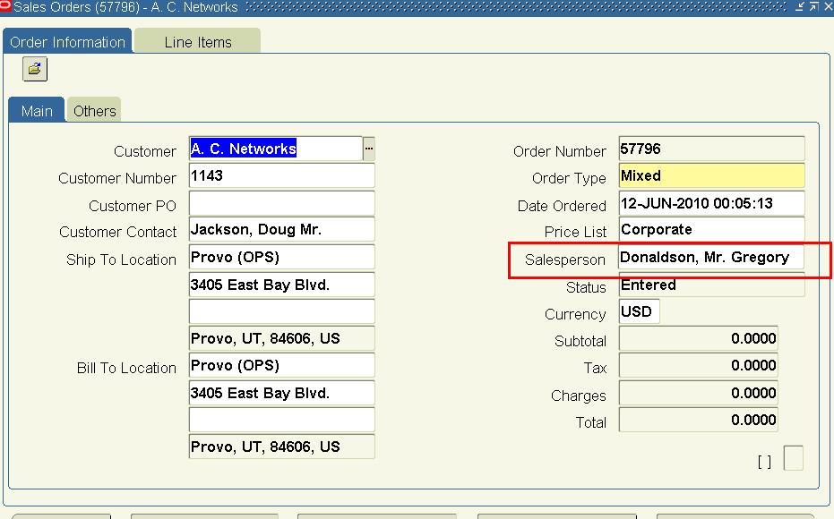 Figure 11 The Sales Order form with the third change of the Salesperson field 6.