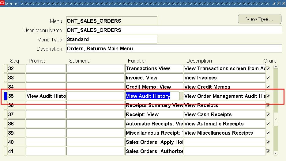 Figure 3 Function View Audit History added to the submenu ONT_SALES_ORDERS 5. Enter and process orders as usual.