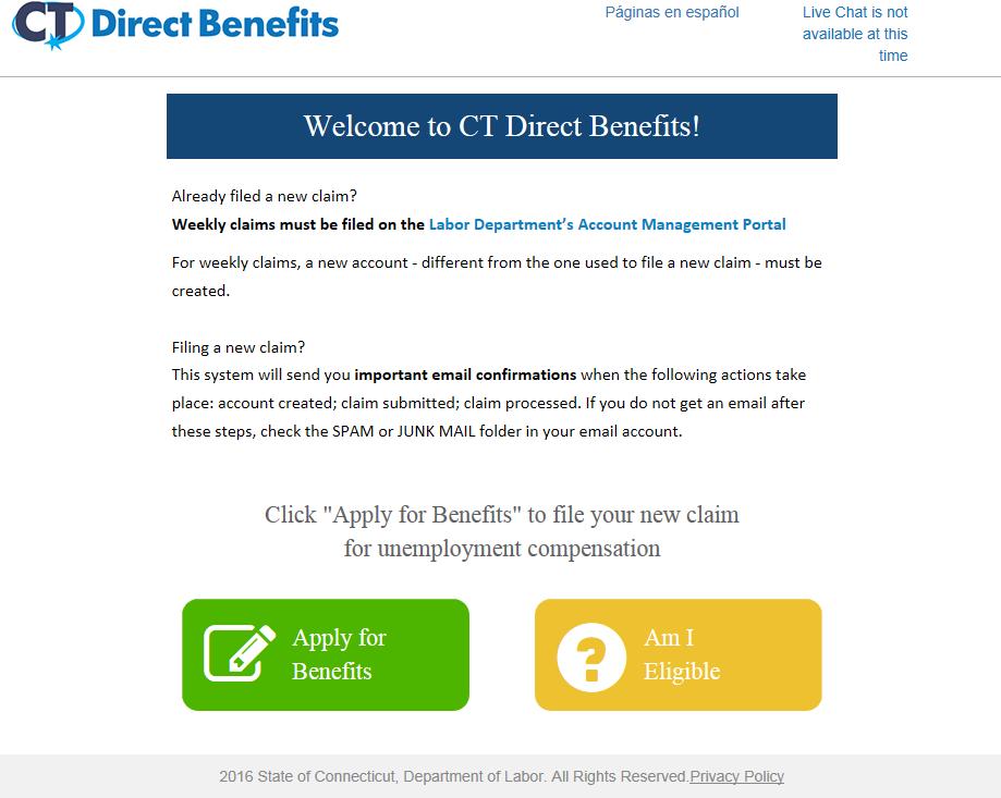 By clicking on Proceed you are brought to the CT Direct Benefits site. Click on Apply for Benefits. If you have not previously created an account click the link on HERE.