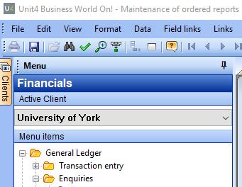 The Menu pane consists of a number of sections or modules (for example, Agresso Common, Financials, Project