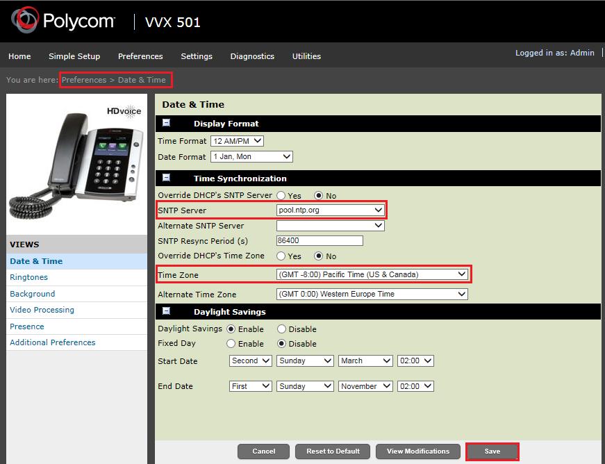 Configure the Date and Time parameters for the VVX IP Phones This section describes the steps required to configure the Date and Time parameters on the Polycom VVX IP Phones. 1.