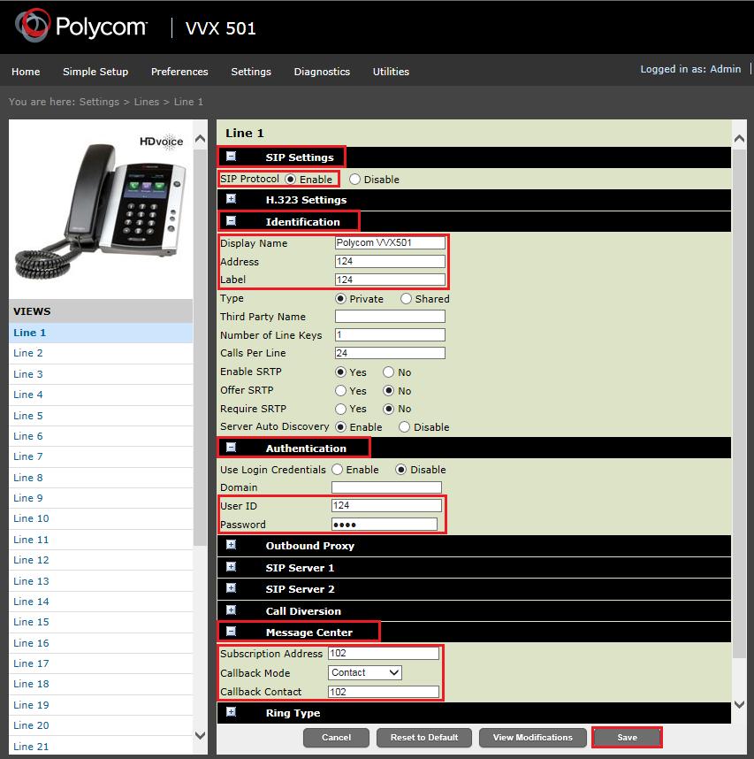 Configure the SIP Line parameters for the VVX IP Phones This section describes the steps required to configure the SIP Line parameters on the Polycom VVX IP Phones. 1.