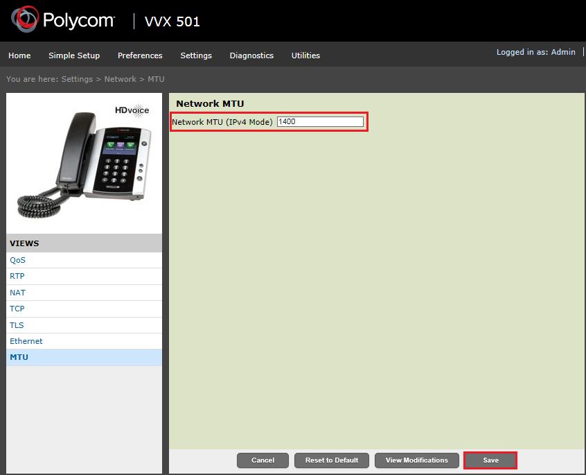 Configure the MTU and Edit Configuration File The following steps detail additional configuration parameters required on the Polycom VVX IP Phones for interoperability with the ShoreTel Connect