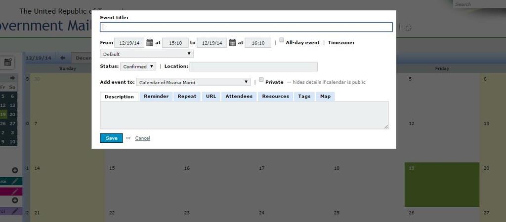4.1. New Event To Add a New Event you can either click direct on the specific date on the calendar or click on the New Event menu on the left hand side panel. Click to create Event Fig 1.1.7 Create New Event When one of the Red bordered Area as shown on the Fig above is clicked the form will Pop Up to enable you to create a New Event.