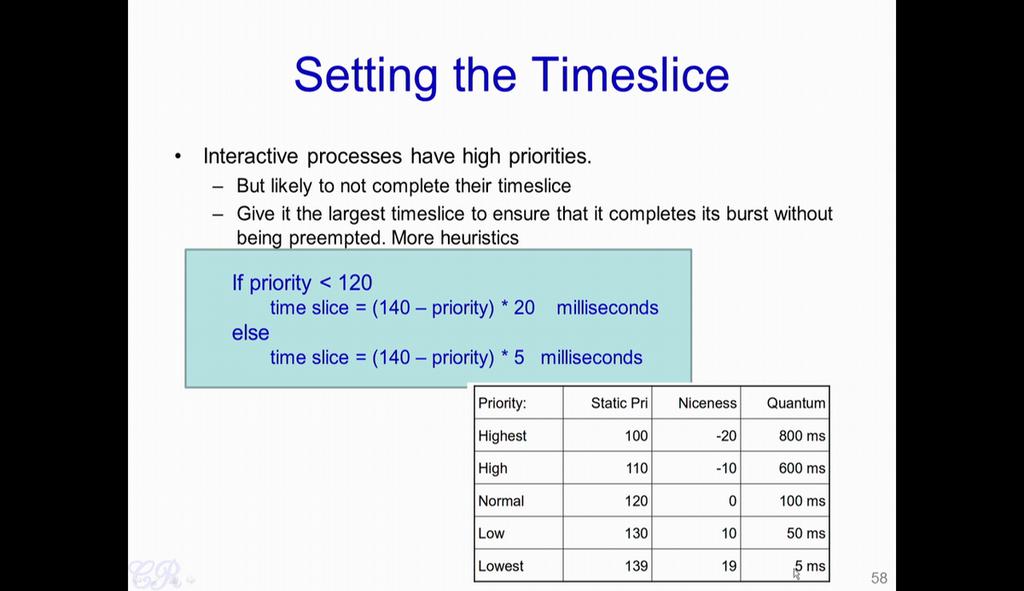 (Refer Slide Time: 20:28) So besides the dynamic priority, there is also the time slice which is adjusted by the scheduler.