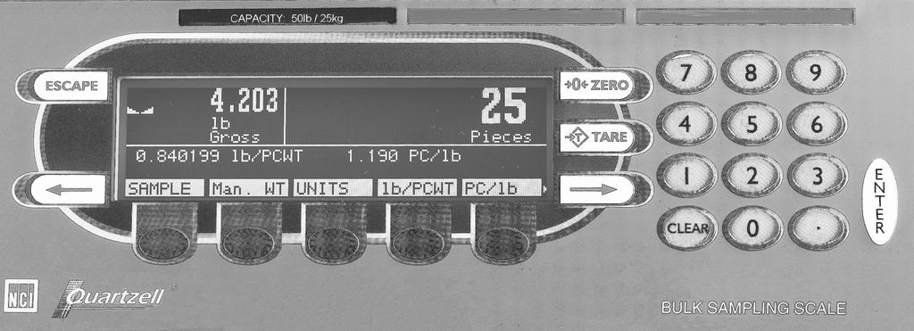 7050 Description Figure 1 7050 front panel Upon power up, the unit will briefly display an opening screen, then show the default display mode. The scale is now ready for use.
