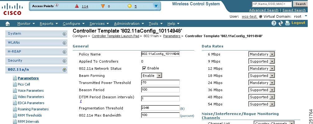 Chapter 12 Configuring Controller Templates Figure 12-46 802.11a/n Parameters Template Click the check box if you want to enable 802.11a/n or b/g/n network status.