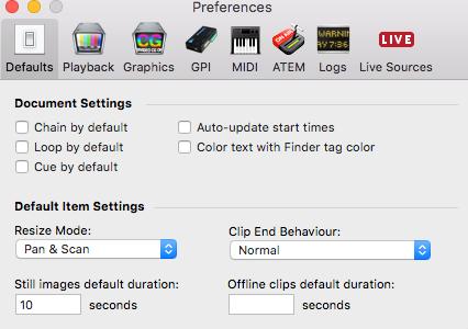 The Preferences Preferences : Clicking on this opens up the Preferences panel: Defaults: Clicking this opens the Defaults panel, which allows you to set defaults for your OnTheAir playlists and clips.