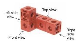 So, use linking cubes to build the left side first. The left side is shaped like a backward L. Compare the front view.