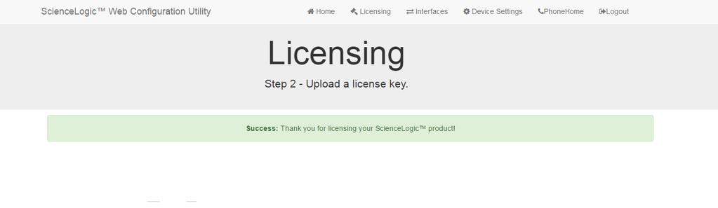 8. In the Licensing Step 2 page, click the [Upload] button to upload the license file. After navigating to and selecting the license file, click the [Submit] button to finalize the license.