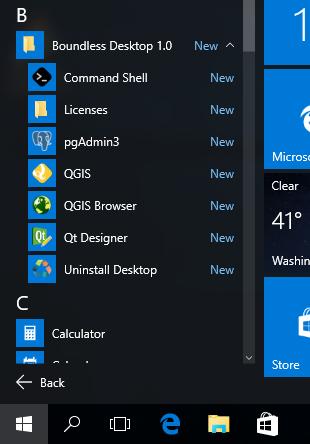 The same shortcuts are also added to the start menu in a group called Boundless Desktop 1.0. Click on any of the tools icons or names to launch it. Fig. 4.
