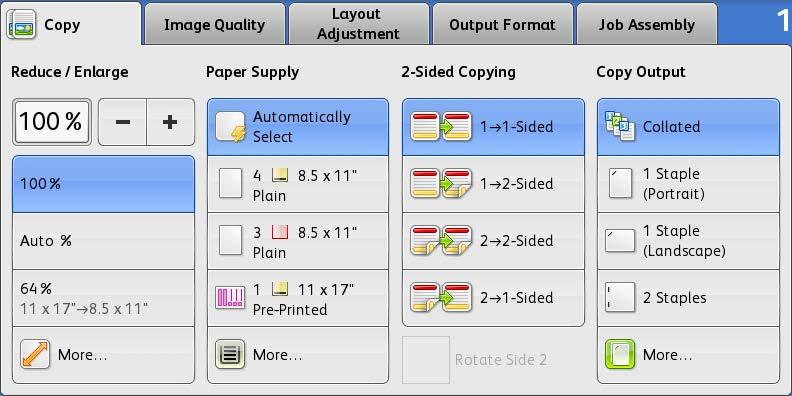 Paper Supply: This is where you can choose an individual tray. When it is on Auto Select the machine will determine which tray to pull from the originals size.