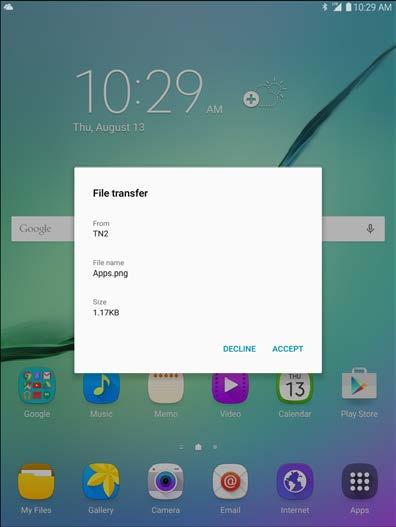 2. Tap Accept. The file is sent to your tablet. When your tablet receives a file, you will see a notification.