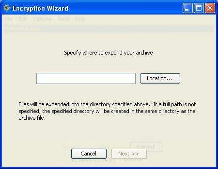 Next, specify the directory in which to expand the archive (see Figure 8). Selecting Next >> expands the archive to the specified directory. Figure 8: Expanding an Encryption Wizard Archive 6.