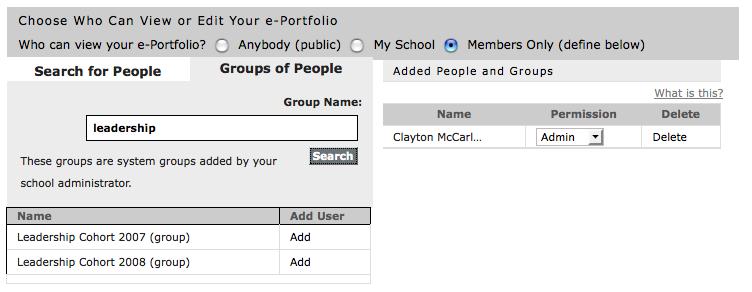 When you select More Options, the following box will appear: First, select Members Only. [Ask instructor for group name] Second, click on Groups of People tab.