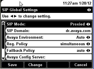 Step 3: Press Change to edit SIP Global Settings. Enter the following values and use defaults for remaining fields: SIP Mode: Select Proxied. SIP Domain: Enter the appropriate domain name.