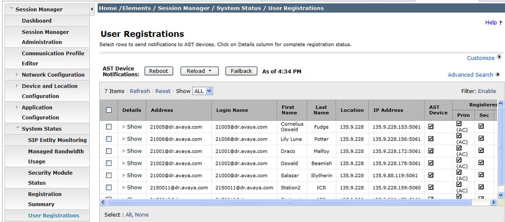 Step 3: Verify Registrations of SIP Endpoints Navigate to Elements à Session Manager à System Status à User Registrations to verify the SIP endpoints have successfully