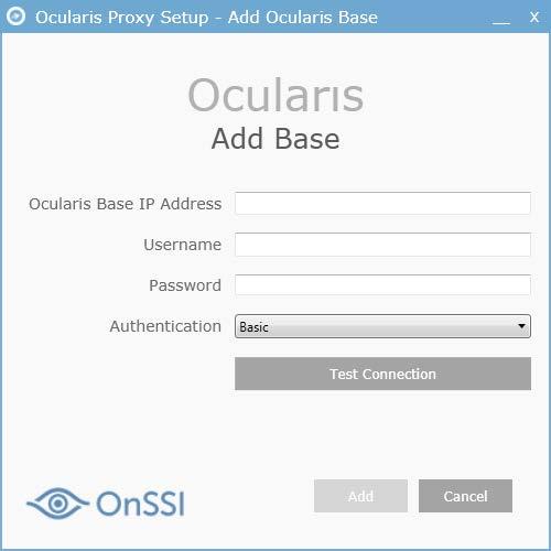 Figure 5 Base Settings 9. Click Add Base. Figure 6 Add Base 10. Enter the IP address or hostname of Ocularis Base in the Ocularis Base IP field. Note that localhost is not supported. 11.