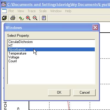 interest, e.g. absorbance, from the Window, New Window menu. Alternatively, rightclick on the y-axis label and choose the property from the pop-up menu that appears.