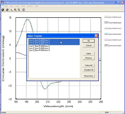 Selecting traces using the Select drop-down menu. In the above figure there are six traces displayed, three overlaying spectra and three overlaying baselines.