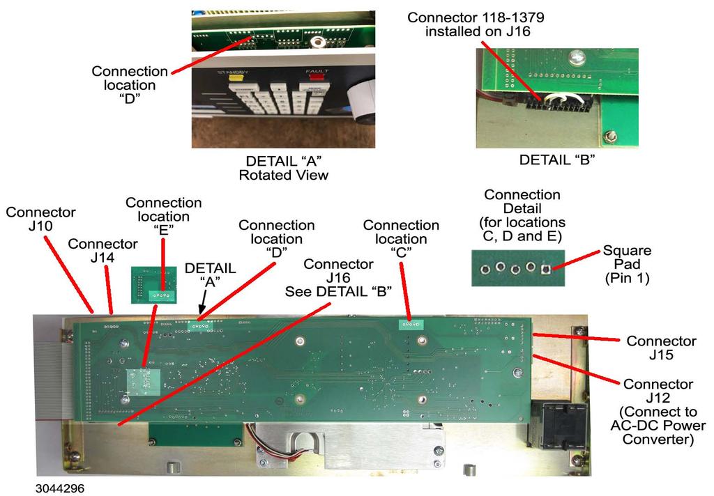 5. Disconnect one 4-pin and one 6-pin connector) (J12, J15, Figure 1). If necessary a screw driver can be used to apply pressure to the front panel to separate the mating connectors. 6. Refer to Figure 1 to locate the programming connection for the serial processor firmware update (PAR.
