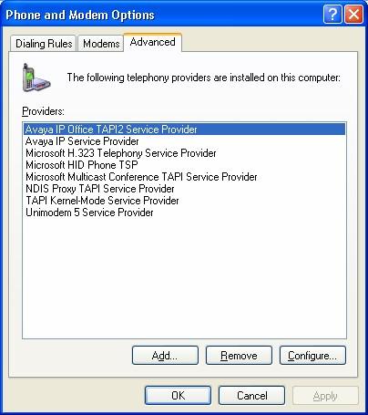 Step Description 6. In the Advanced tab window that appears, highlight Avaya IP Office TAPI2 Service Provider and click Configure 7.