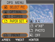 To change the paper size setting, press the centre button and use the scroller to select the preferred size.