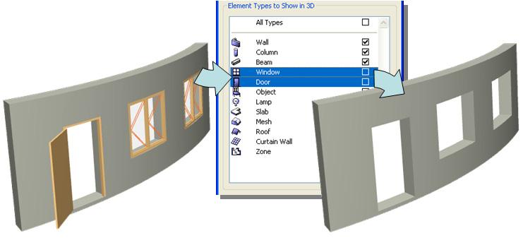 Export Data from ArchiCAD Floor plans: Document > Set Model View > Model View Options: Options for Construction Elements > Door/Window Options 3D