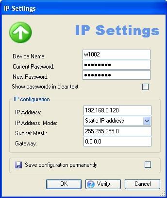 Click the icon or open the shortcut menu by right-clicking and select IP Settings or double-click the device. The IP Settings window opens.