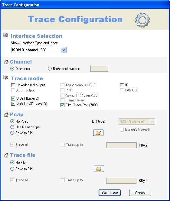 (To display the logged data, the TRACE window simultaneously opens in the background.) In the Interface selection area of the interface list, select the interface whose data traffic you wish to log.