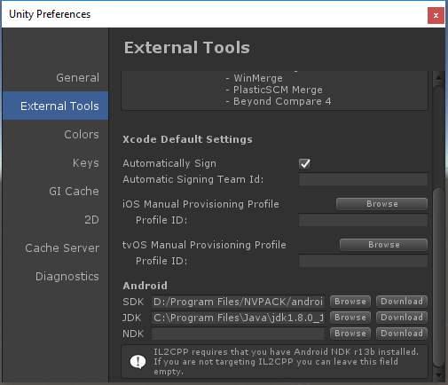 on the development PC, see Section 01 for a link to the SDK. Once Android Studio and Android SDK tools have been installed, return to the Unity Editor and select Edit > Preferences > External Tools.