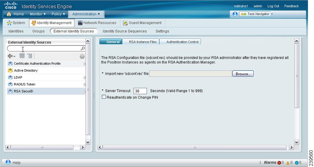 Chapter 5 RSA Identity Sources Figure 5-13 RSA General Tab Step 4 Step 5 Step 6 Step 7 Click Browse to choose the new or updated sdconf.rec file from the system that is running your client browser.