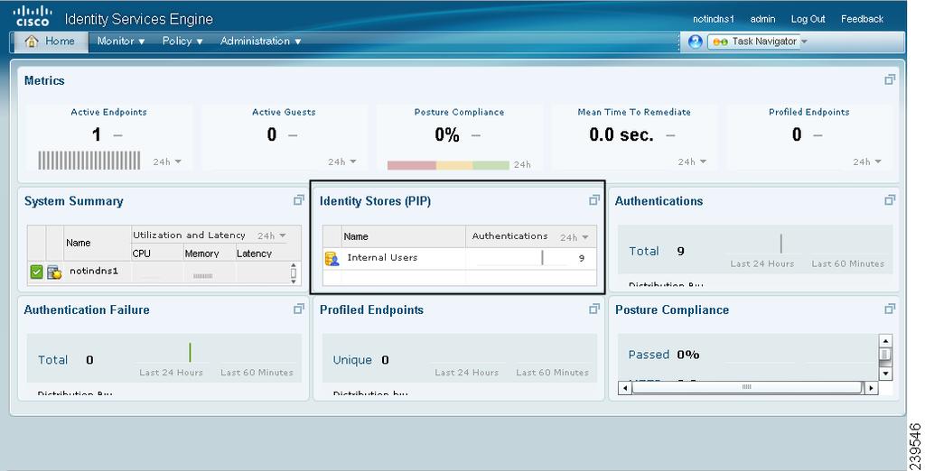 Viewing and Monitoring the Identity Sources Chapter 5 Cisco ISE Dashboard Cisco ISE provides an at-a-glance view of identity source-related information in a dashlet that appears on the Cisco ISE