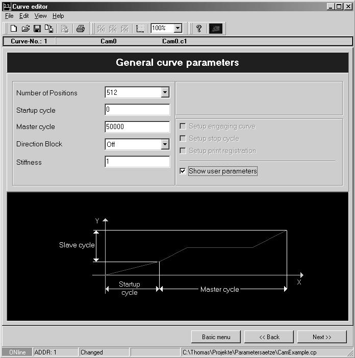 I MPLCTecCamMotion_MDX 4 Cam examples Specify the general curve parameters [1] ( following figure): Startup cycle / stop cycle Number of curve points Master cycle Select the "Show user parameters"
