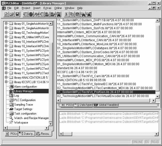 I MPLCTecCamMotion_MDX 4 Cam examples Select [Resources] / [Library Manager] from the menu to insert the MPLCVirtual- Encoder library 61813ADE Call the MC_LinkTecAxis_Virtual function module in the