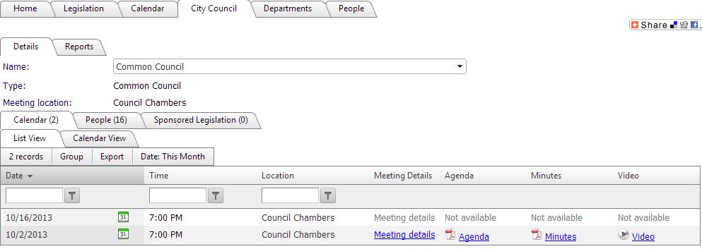 The Details Subtab The Details Subtab This subtab displays the meeting body's name, type, and meeting location, and contains the Calendar (List View and Calendar View), People, and Sponsored