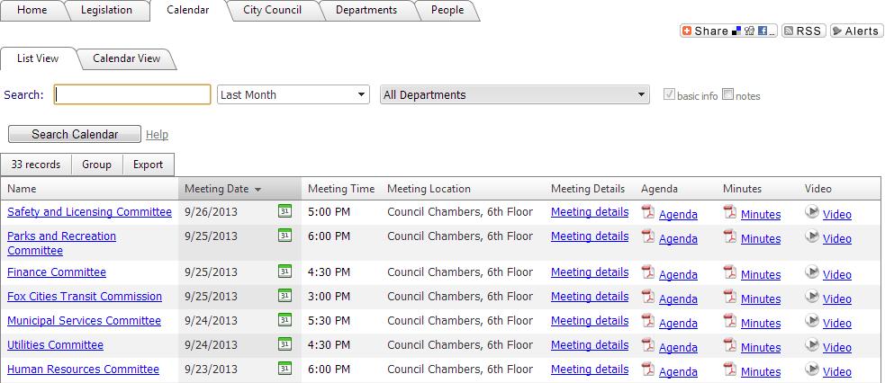 The Calendar Tab The Calendar tab displays meetings in a specified date range for selected meeting bodies, using the criteria entered in the Search textbox.