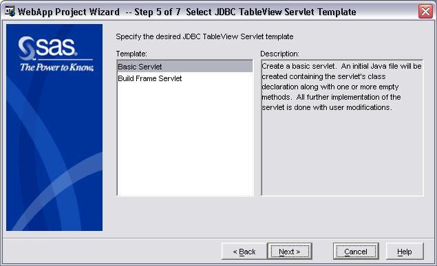 Figure 4. Select JDBC TableView Servlet Template Select Basic Servlet as shown, and click Next.
