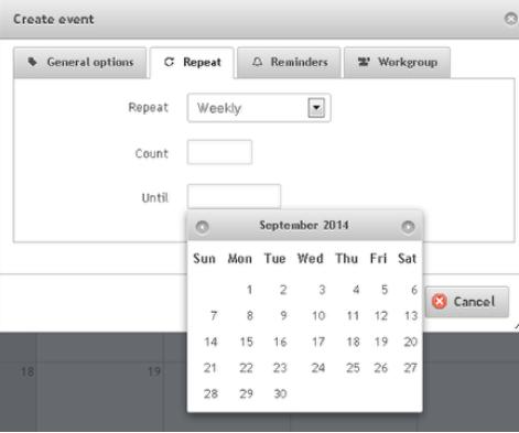 Click the Repeat tab to create a recurring event such as a weekly meeting.